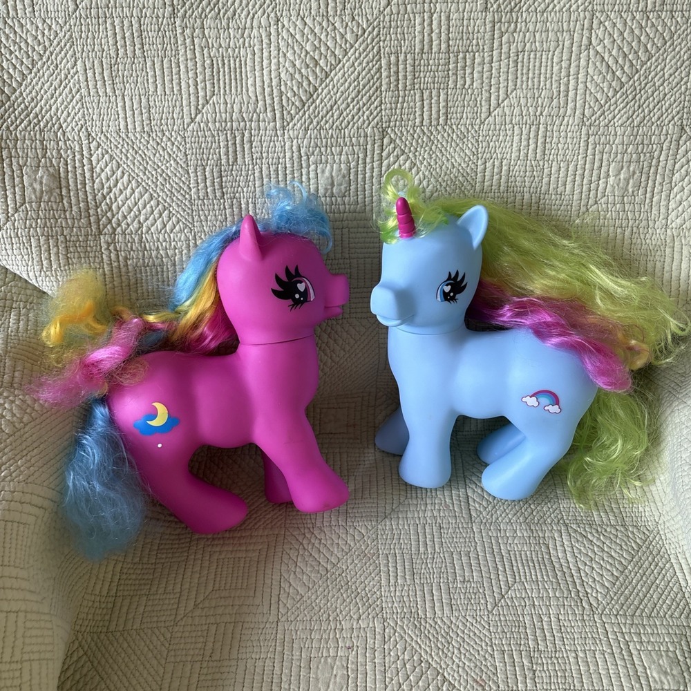 2 Colorful Unicorn My Little Pony Figures Rainbow Mane Moon Cloud 10" Toy Lot